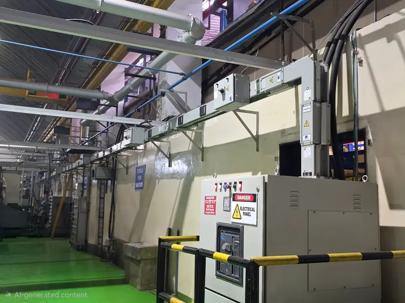 LT electrical distribution panel with overhead cable tray and busway on a factory floor