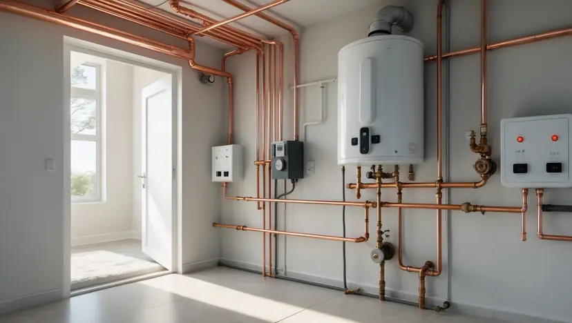 Utility room piping installation with copper distribution lines routed to a wall-mounted water heater